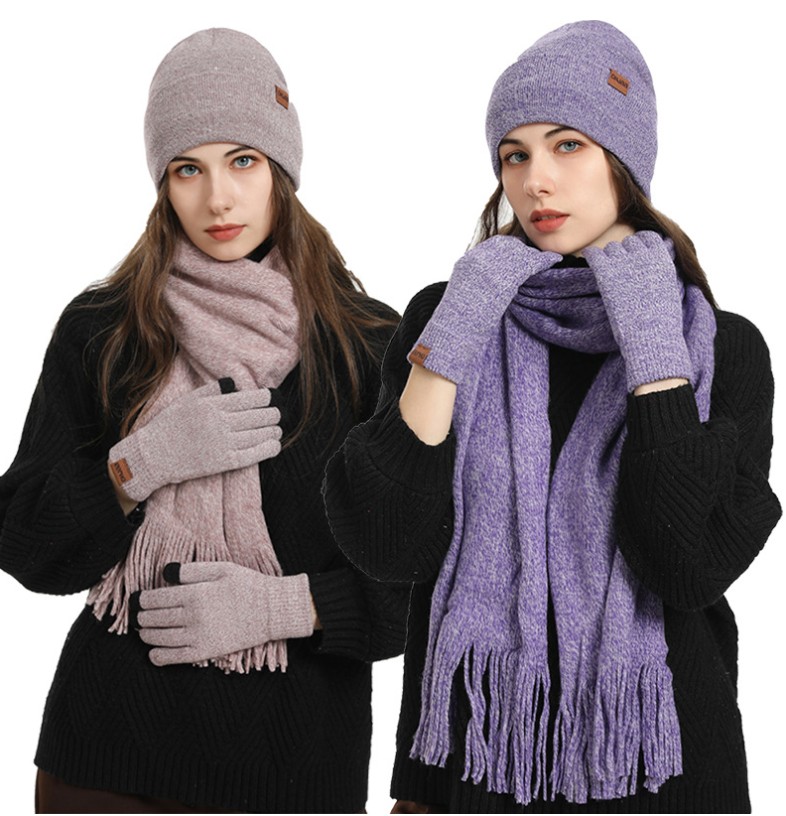 Fleece Knitted Hat, Scarf and Gloves Three-piece Warm Wool Set